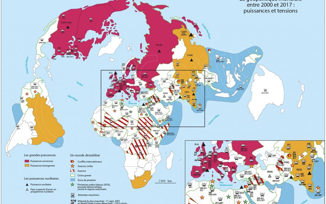 Carte des grandes puissances et des lieux de tensions entre 2000 et 2017