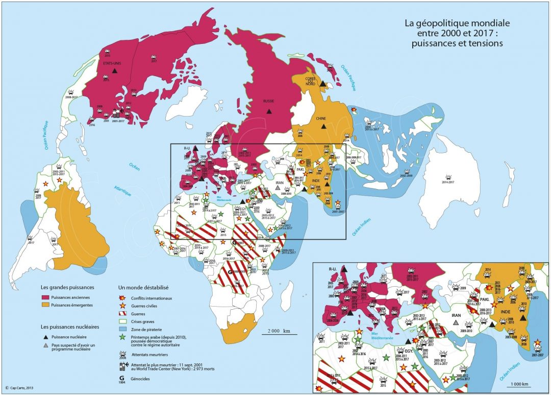 Carte des grandes puissances et des lieux de tensions entre 2000 et 2017