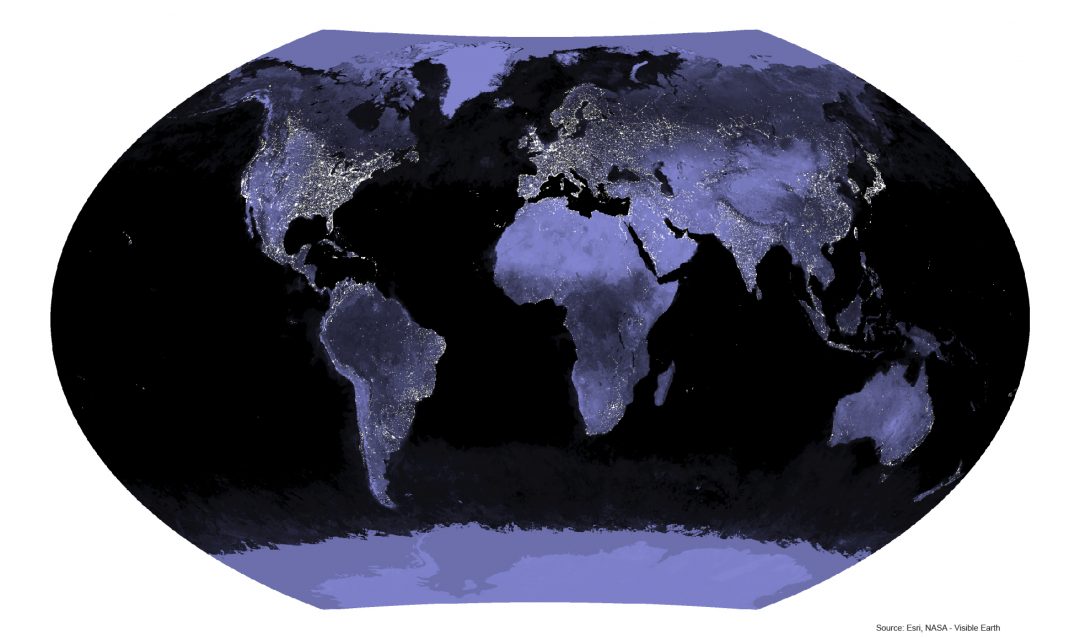 carte géographique image satellite monde de nuit projection winkel triple