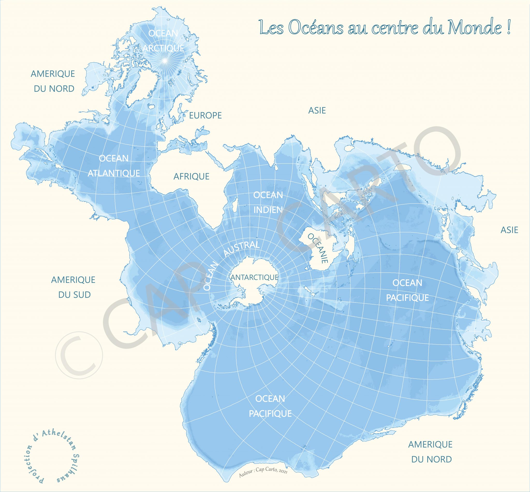 carte des océans - projection Spilhaus - Cap Carto